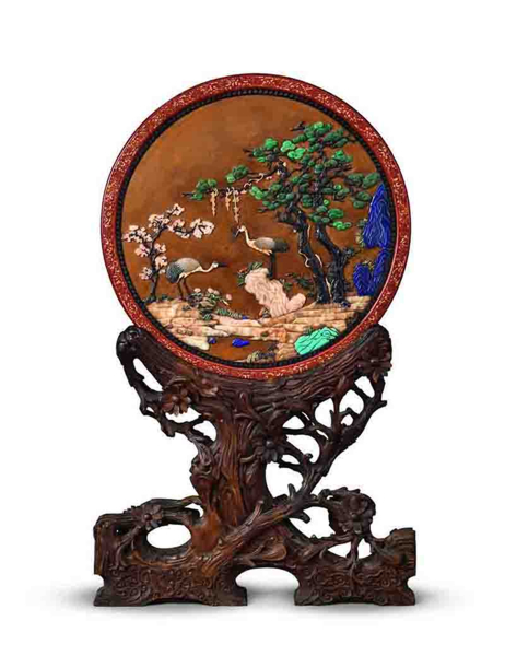 清乾隆  剔红嵌百宝御题诗松鹤延年图纹插屏