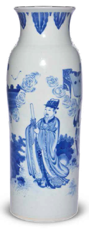 明崇祯 青花访贤图筒瓶 高: 44.2 cm