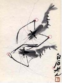 比如，齐白石老人的虾图 红圈的部分采集4个位置的显微点。以此四点为对比位置。