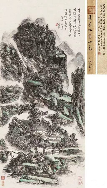 Lot 354黄宾虹《蜀游小景》设色纸本 立轴 一九四八年作108×49 cm.估价：HK$ 3,800,000 - 7,800,000