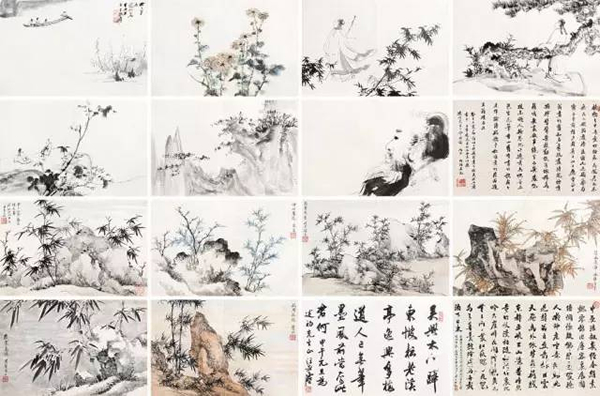 Lot 346张大千、王季迁等　山水人物合册设色/水墨纸本册页一九五三年作27×41.5 cm.×16 估价：HK$ 1,500,000 - 2,500,000