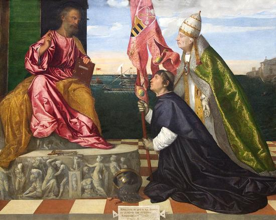 Titian, Jacopo Pesaro being presented by Pope Alexander VI to Saint Peter. Royal Museum of Fine Arts, Antewerp.