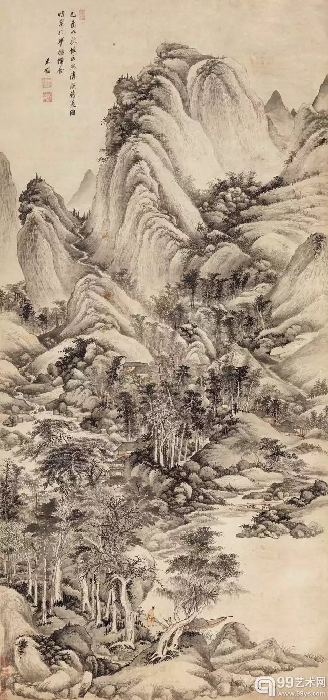 王鉴 仿巨然清溪待渡图  立轴  设色纸本  癸酉（1693年）作  211 × 99 cm 著录： 《乐山堂藏古代书画》90页，图12，台北， 2006年出版