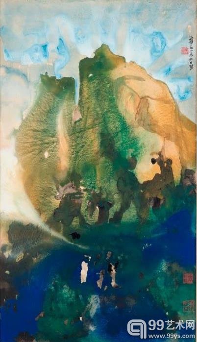 张大千 (1899-1983) 加州夏山 设色纸本 镜框 一九六七年作115 x 65.5公分 估价: 港币 18,000,000–28,000,000 美元 2,300,000–3,600,000