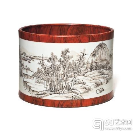 清雍正 仿木纹釉墨彩山水游乐图笔筒 单圈三行六字楷书款 7寸(18.3公分) 直径 来源 香港苏富比,1995年 5月 2日,拍品 150号亚洲显赫家族珍藏香港苏富比,2005年 10月 23日,拍品 207号估价待询