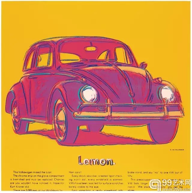 安迪·沃霍尔 (1928-1987) 《广告上的大众汽车》 Lenox 美术馆藏品 签名:艺术家签名;编号TP 24/30* 彩色网版印刷 由纽约 Ronald Feldman Fine Arts 公司出版 画面完整且状况良好 已表框 96.5 x 96.5 公分1985年作 *此拍品为试验作, 最终成品之版数为190 美元 50,000-70,000