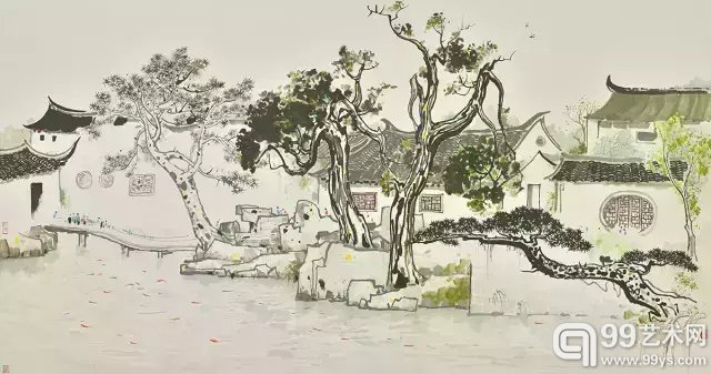 吴冠中 网师园 镜片 设色纸本 90×182cm