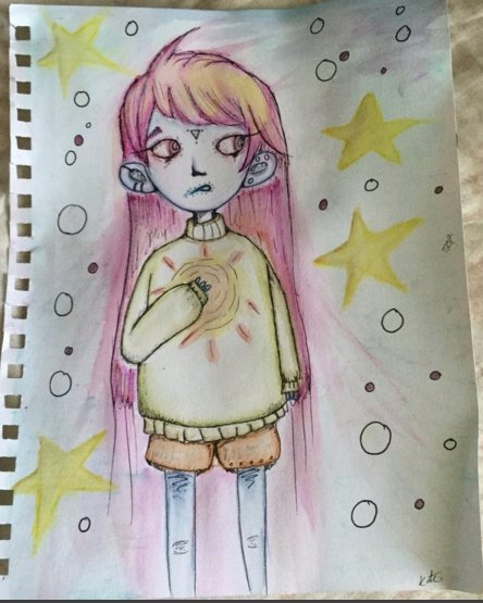 “我看到很多星星、漩涡和圆圈。这是和我的朋友萨拉(Sarah)一起画的。她设计了这个角色