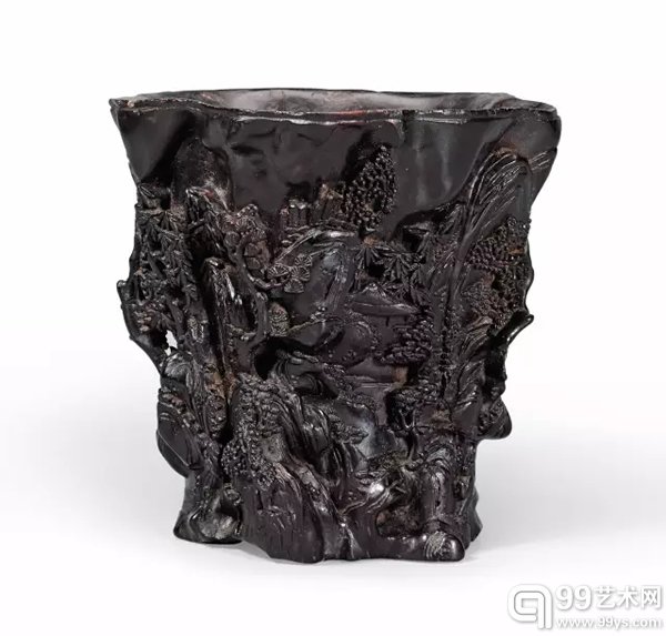 明末清初 天成款沉香雕山水人物图笔筒 款识:天成 H:11.2cm