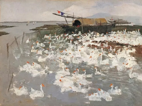 吴冠中 《太湖鹅群》 1974年 木板油画 46x61cm 中国美术馆藏
