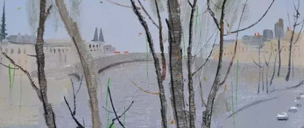 作品局部细节：曲折的公路一笔成形，蜿蜒而上的笔势在画布上留下明显而又质朴的痕迹