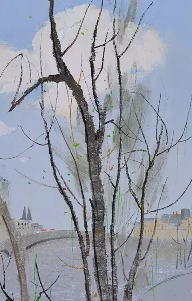 作品局部细节：简约稀疏的刻画展现出树木枝干的虬曲，毫无章法却生气盎然