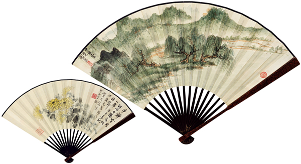 谢稚柳 贺天健 青山古柳、菊花