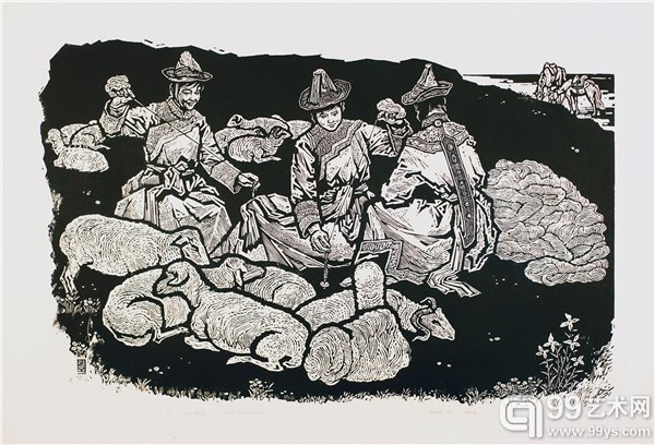 捻线乐  木版 67×41cm. 1983.
