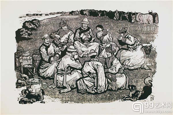 喜饮丰收奶  木版 67.5×44.5cm. 1984.