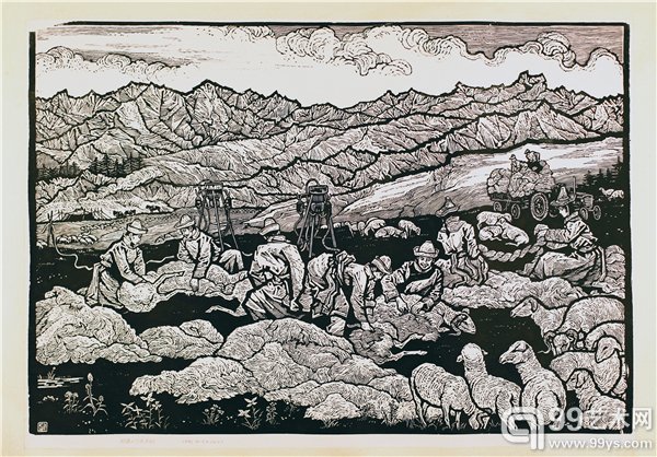 祁连山下庆丰收 木版 80×55cm.1982.