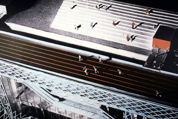 伯纳德·屈米1989年法国国家图书馆竞赛方案图，相似的跑道设计