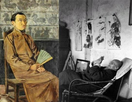 左图为李毅士1920年绘油画《陈师曾像》，背景衬以画像砖、古陶等;右图为齐白石晚年在家中留影，墙上悬挂其作。