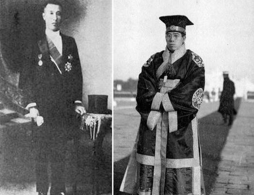 左图传为杨钧旧影;右图为1914年12月23日，杨度随袁世凯穿古衣冠至天坛祭天。