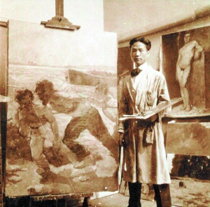 1932年至1933年间，吴作人在比利时布鲁塞尔皇家美术学院个人画室与其作品《纤夫》合影。