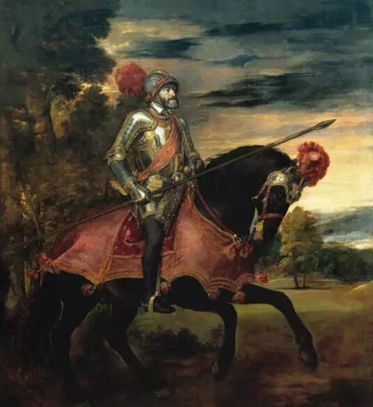 Titian， Emperor Charles V on Horseback， Oil on canvas， 1548， 335 cm × 283 cm， Madrid， Location Museo del Prado。