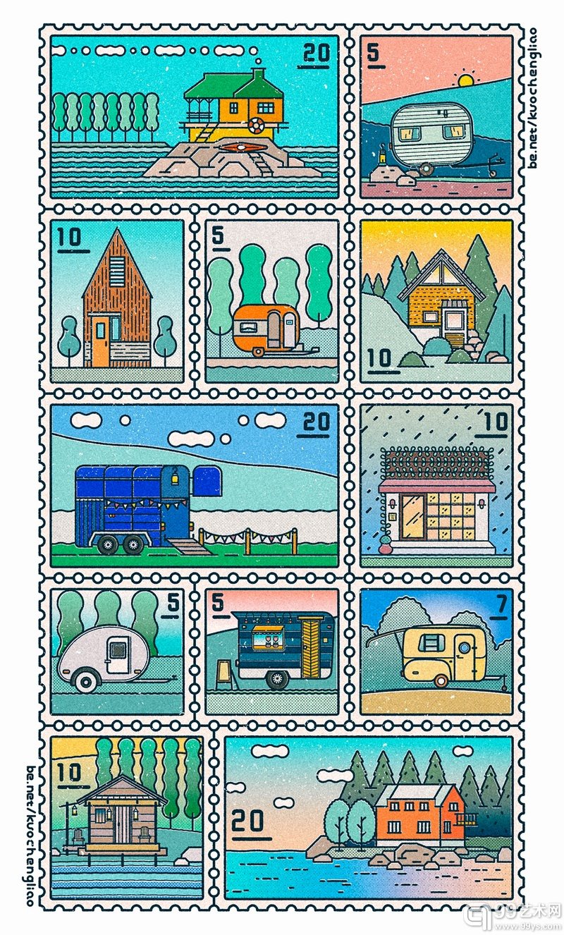 台湾插画师一组邮票主题插画 Dream House Ideas