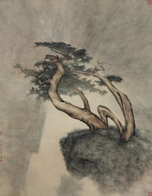 李华弌 (1948 年生)《 双生古松》水墨 设色 纸本 镜框2001 年作 RMB 1,200,000 - 1,800,000