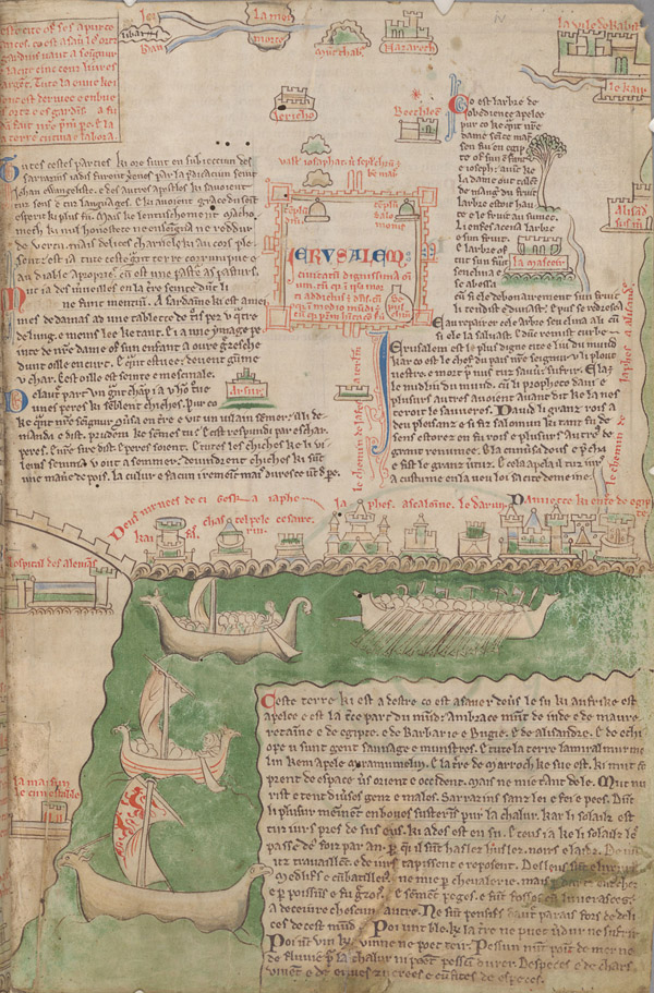 《世界大事录》（Chronica majora）卷一中的基督教圣地地图，1240-1253年，剑桥大学科珀斯克里斯蒂学院收藏。