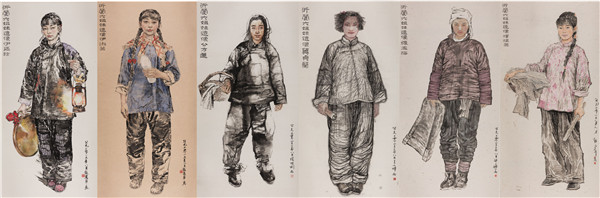 沂蒙六姐妹：梁文博 王小晖 张丽华 韩菊声 杨晓刚，中国画，110x220cm