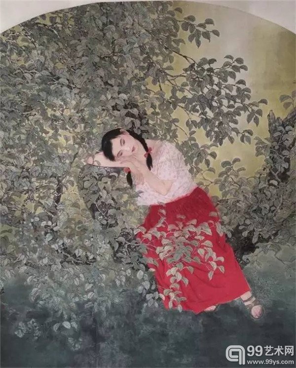 于文江，夏日鸣蝉，187x156，工笔人物 