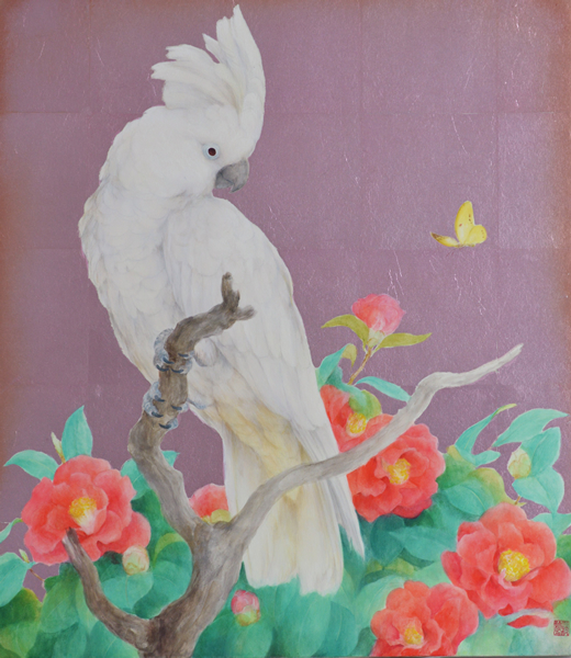 三枝淳 鹦哥图 52.5x45cm 天然石颜料画与金箔上 2015