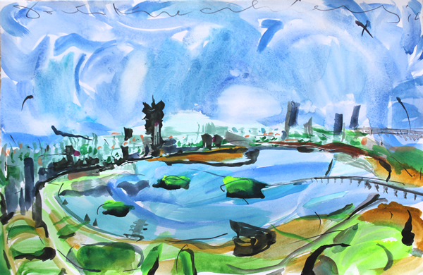南湾湖，38x59cm，纸本、水性颜料，2016