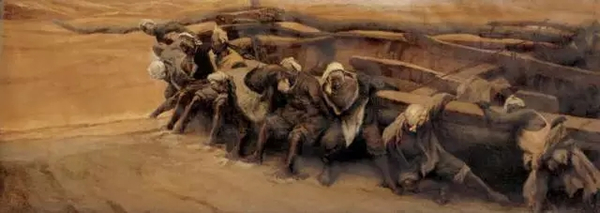 尚扬早期作品《黄河船夫》布面油画 140x381cm 1981年作