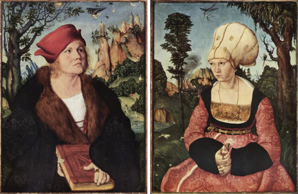 【左圖】：克拉那赫，《約翰內斯．庫斯比尼亞努斯》（Johannes Cuspinian），1502年，oil on softwood，59x45cm，Winterthur，Oskar Reinhart Stiftung.【右圖】：克拉那赫，《安娜．庫斯比尼亞努斯》（Anna Cuspinian），1502年，oil on softwood，59x45cm，Winterthur，Oskar Reinhart Stiftung.