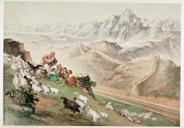 石鲁《古长城外》，1954年，国画，91.6cm×130cm，中国美术馆