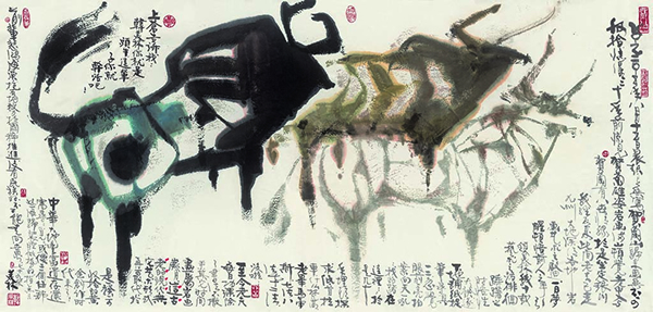 绘画：《岩画牛》，宣纸水墨，524x938cm,2016年