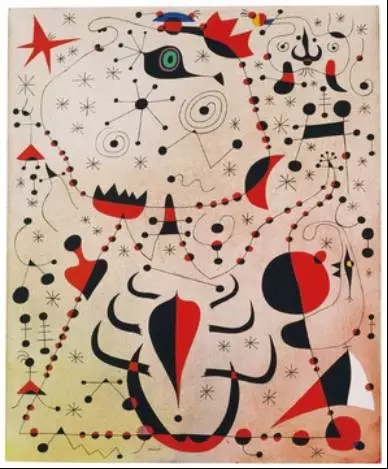 《被粉色薄雾轻抚的女人和鸟（The Pink Dusk Caresses the Sex of Women and Birds）》，胡安·米罗，纸上水粉、油彩，1941年。