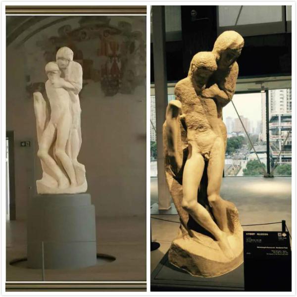右图为展览中《隆达尼尼圣殇》的石膏复制品，左图为米兰Sforzesco城堡中的原作。