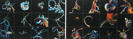 Karl Sims作品《Galapagos》；进化的虚拟生物体群