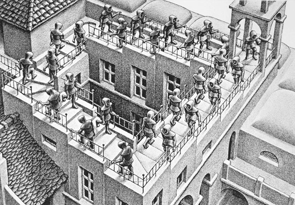 艾雪（Maurits Cornelis Escher, 1898-1972）〈上下阶梯〉（Ascending and Descending, 1960）。