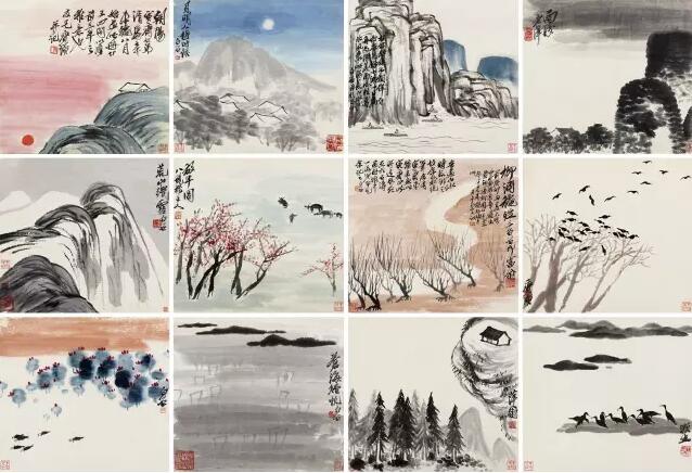 齐白石《咫尺天涯—辛未山水册》设色纸本，31.5×35cm×12，1931 年作，成交价 195,500,000 人民币，北京保利 2016.12.4