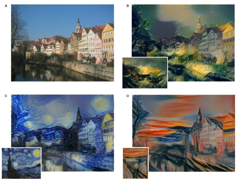 原照片（左上）分别被转换为不同的风格：特纳（J.M.W. Turner）的《米诺陶战舰的倾覆（The Shipwreck of the Minotaur）》风格（右上）、文森特·梵高（Vincent van Gogh）的《星夜（The Starry Night）》风格（左下）、以及爱德华·蒙克（Edvard Munch）的《呐喊》风格（右下）。
