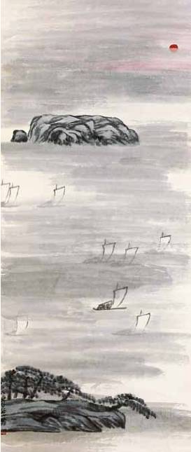烟深帆影 齐白石 纸本 设色 151cm×63.5cm 布拉格国立美术馆藏 登录号码：Vm 3038
