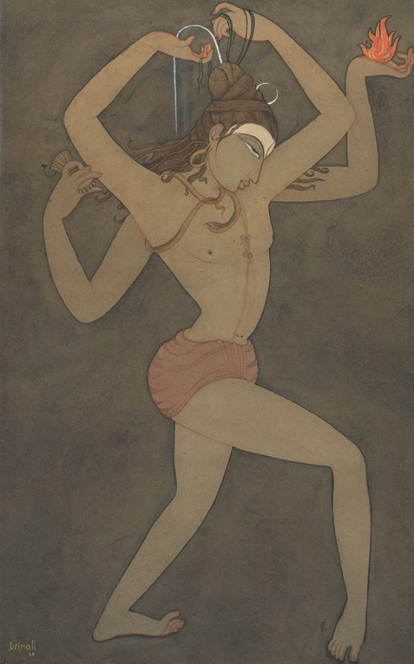 纽约大都会博物馆正在展出的一幅印度艺术家作品，描绘了湿婆以发缕导流从天而降的恒河之水。