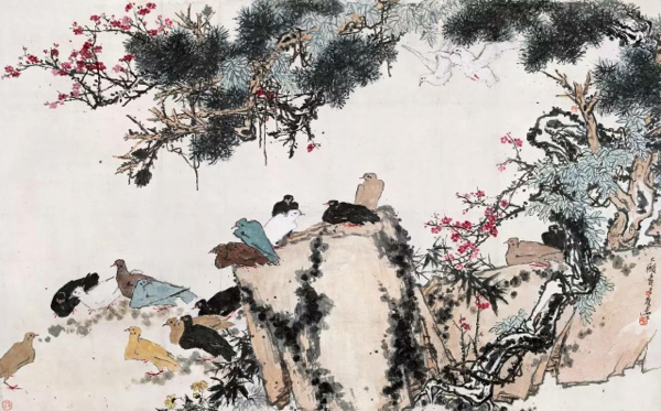 松梅群鸽图卷
