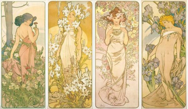 （左起）四联画《花朵》：康乃馨、百合、玫瑰、鸢尾花  1897年 平版画/纸（110×44cm、109.5×44.7cm、109.8×44.8cm、109.5×44cm）