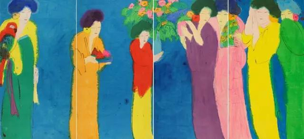 赏春图四联屏，水墨 丙烯 宣纸