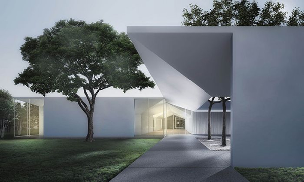 在西部庭院，观赏黄昏下的建筑物