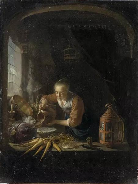 《荷兰厨房》Gerard Dou， 约1650年 © RMN-Grand Palais （Musée du Louvre） / Tony Querrec