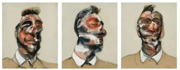 上图为《乔治·戴尔三联画》, 1964，下图三张肖像为乔治·戴尔